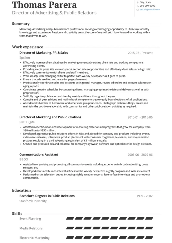 objective on resume public relations