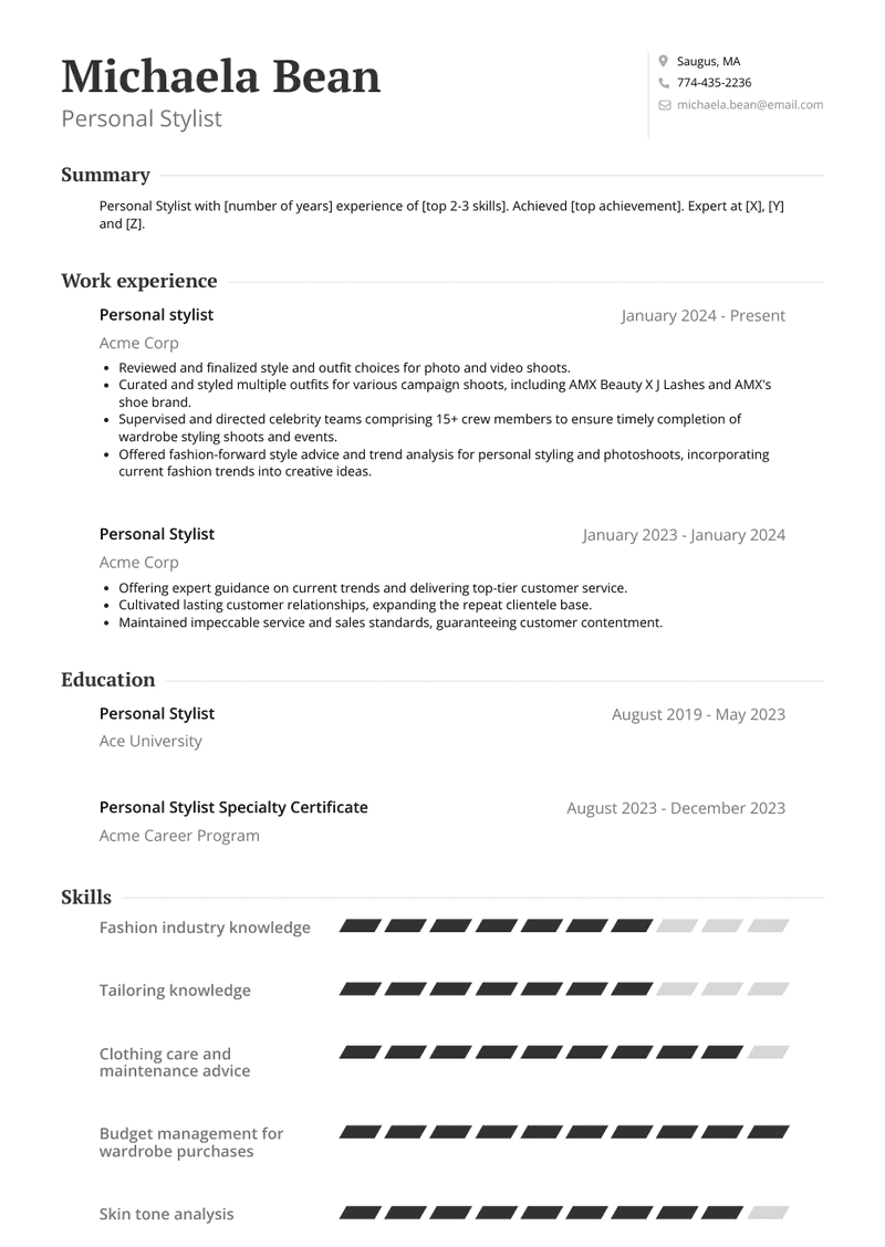 Personal Stylist Resume Sample and Template