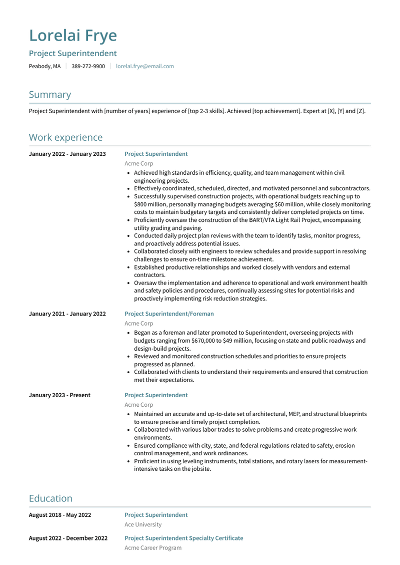 Project Superintendent Resume Sample and Template