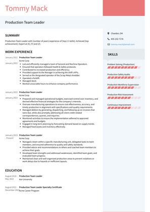 Production Team Leader Resume Sample and Template