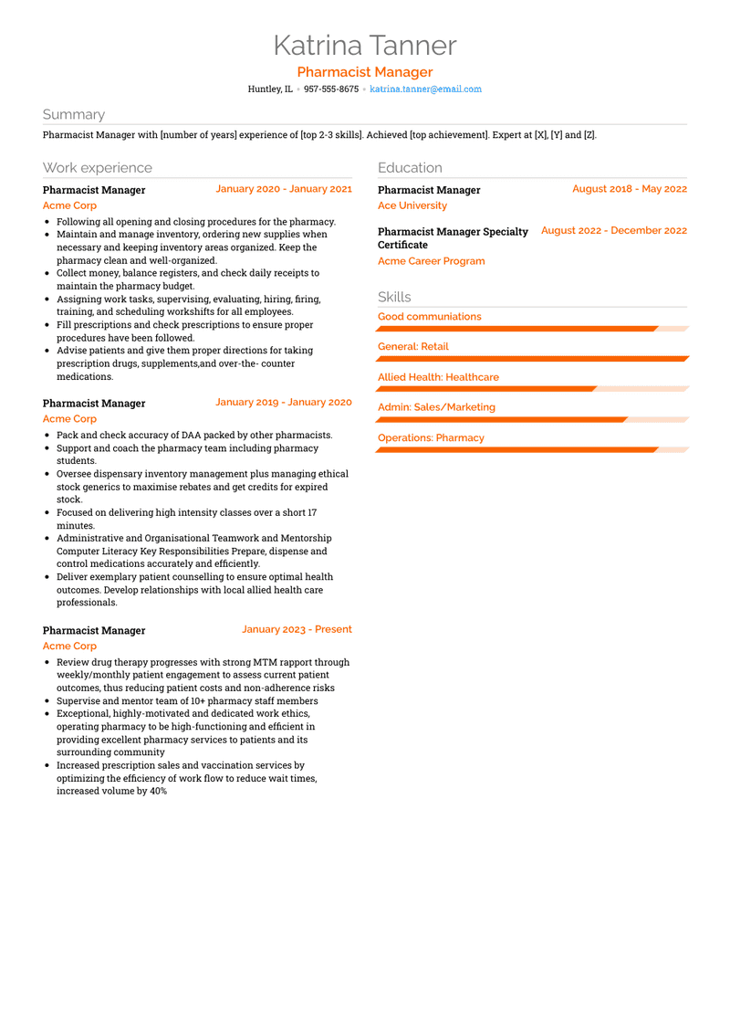 Pharmacist Manager Resume Sample and Template