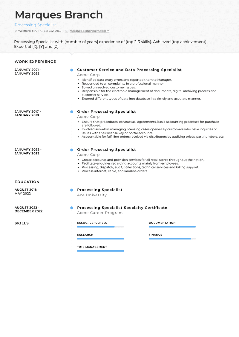 Processing Specialist Resume Sample and Template