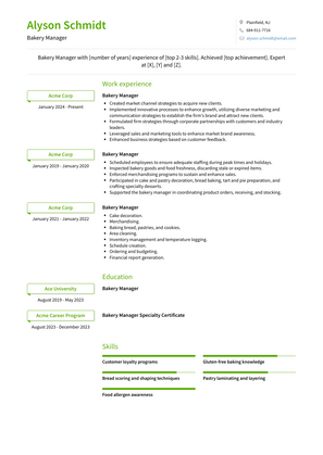 Bakery Manager Resume Sample and Template