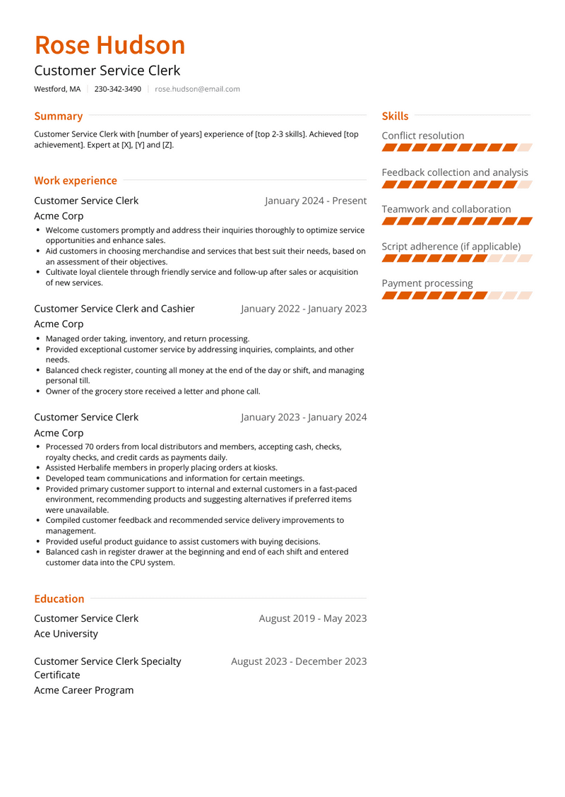 Customer Service Clerk Resume Sample and Template