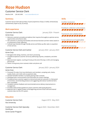 Customer Service Clerk Resume Sample and Template