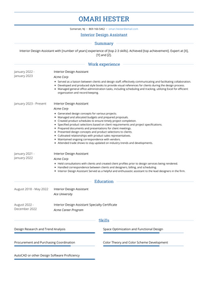 Interior Design Assistant Resume Sample and Template