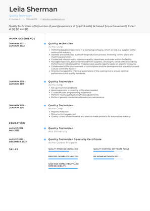 Quality Technician Resume Sample and Template