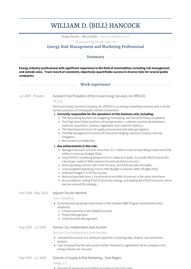 Assistant Vice President   Grove Energy Resume Sample and Template