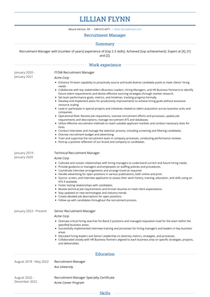 Recruitment Manager Resume Sample and Template