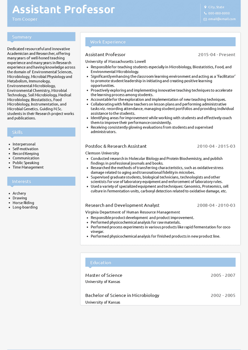 Assistant Professor Resume Templates Free Download