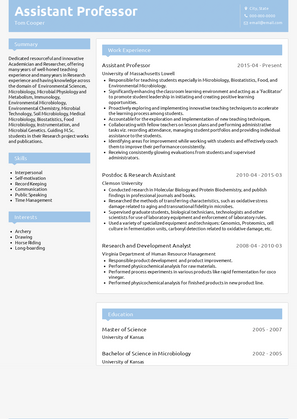 Assistant Professor - Microbiology & Environmental Sciences Resume Sample and Template