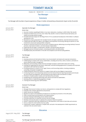 Tax Manager Resume Sample and Template