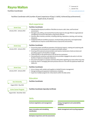 Facilities Coordinator Resume Sample and Template