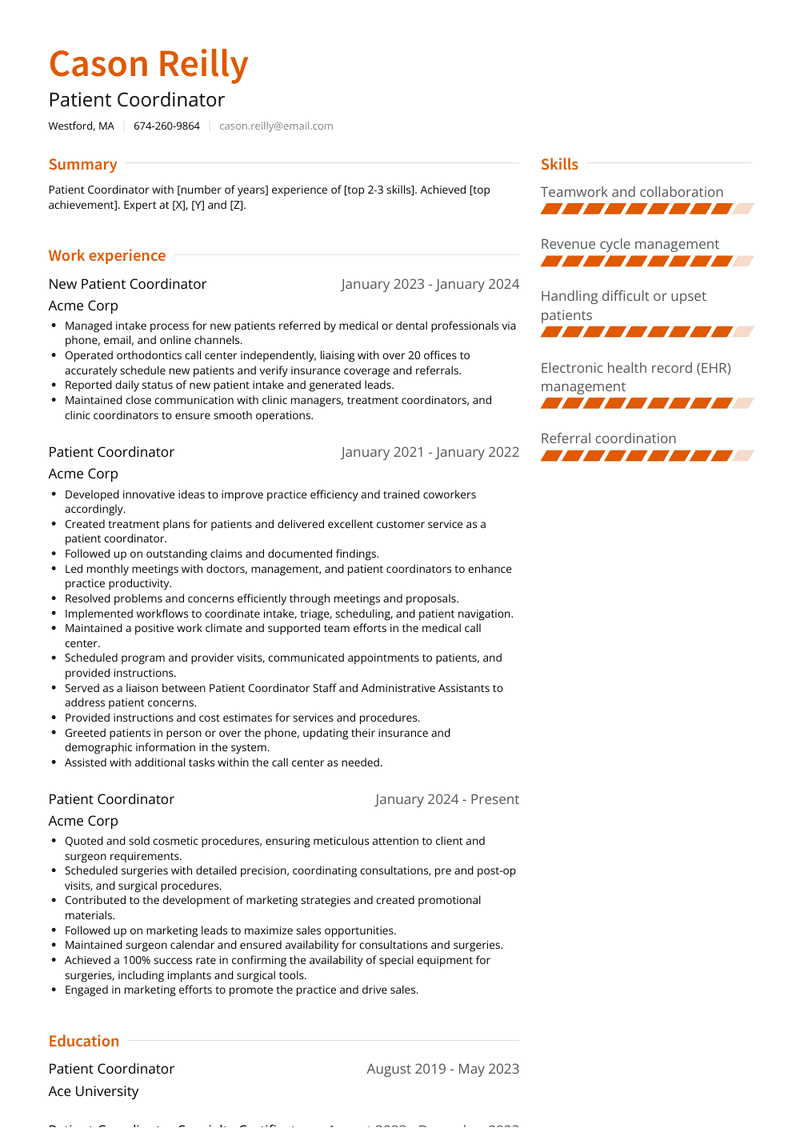 Patient Coordinator Resume Sample and Template