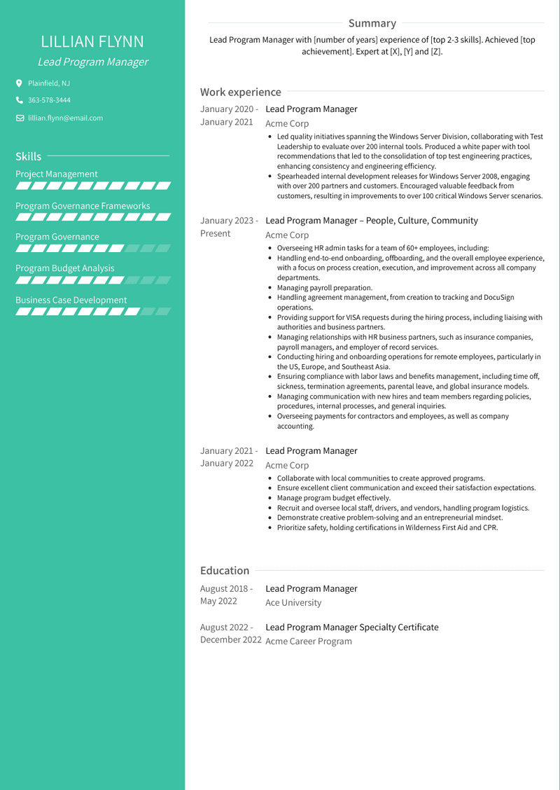 Lead Program Manager Resume Sample and Template