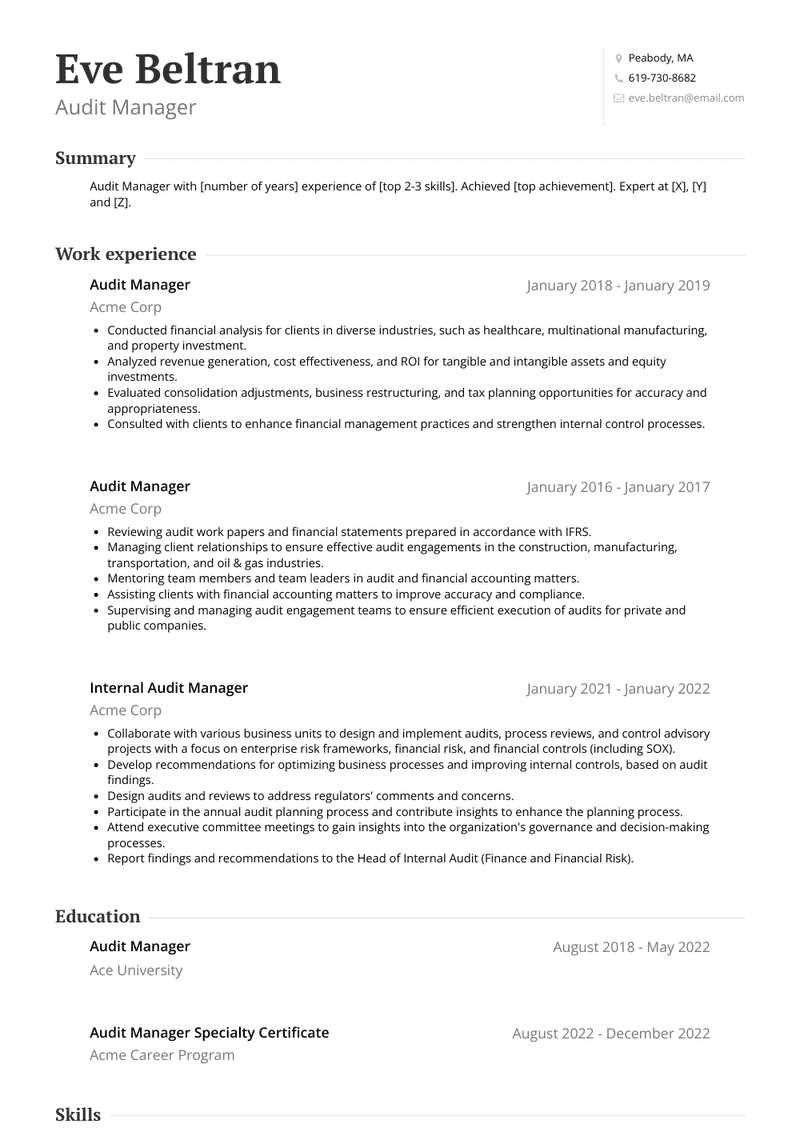 Audit Manager Resume Sample and Template