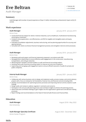 Audit Manager Resume Sample and Template