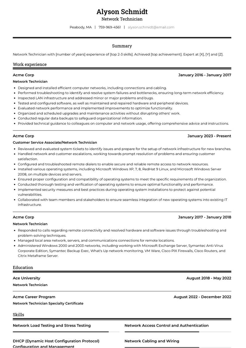 Network Technician Resume Sample and Template