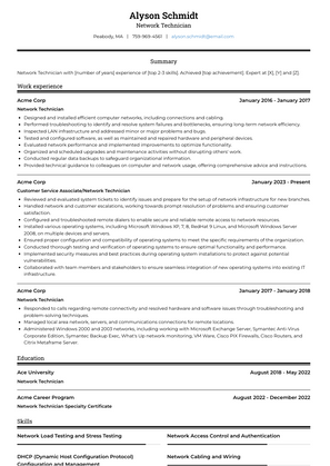Network Technician Resume Sample and Template