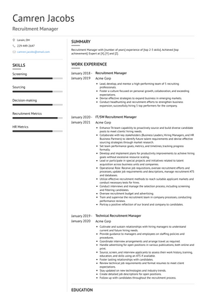 Recruitment Manager Resume Sample and Template