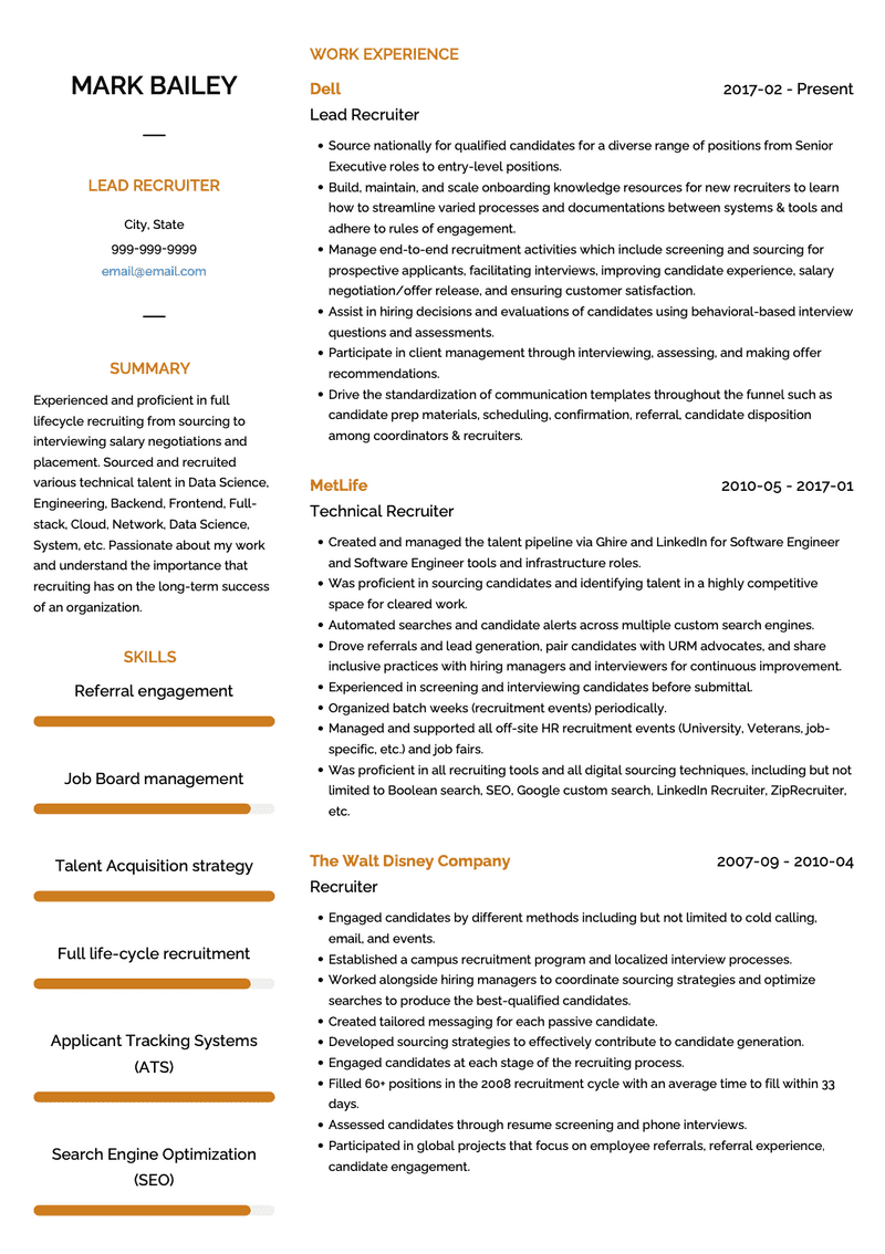 Lead Recruiter CV Example and Template