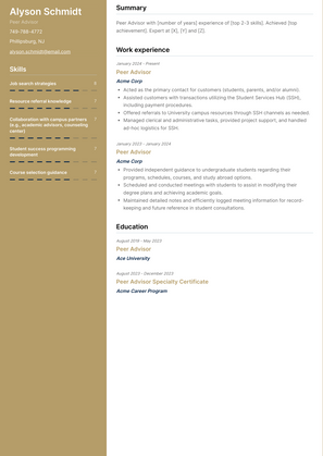 Peer Advisor Resume Sample and Template