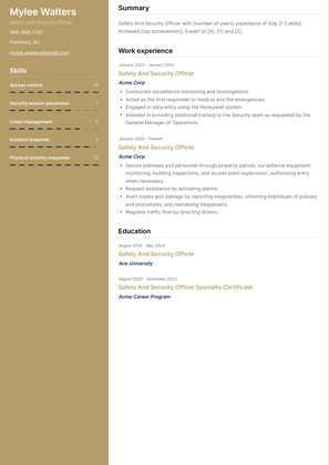 Safety And Security Officer Resume Sample and Template