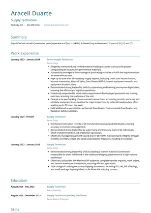Supply Technician Resume Sample and Template