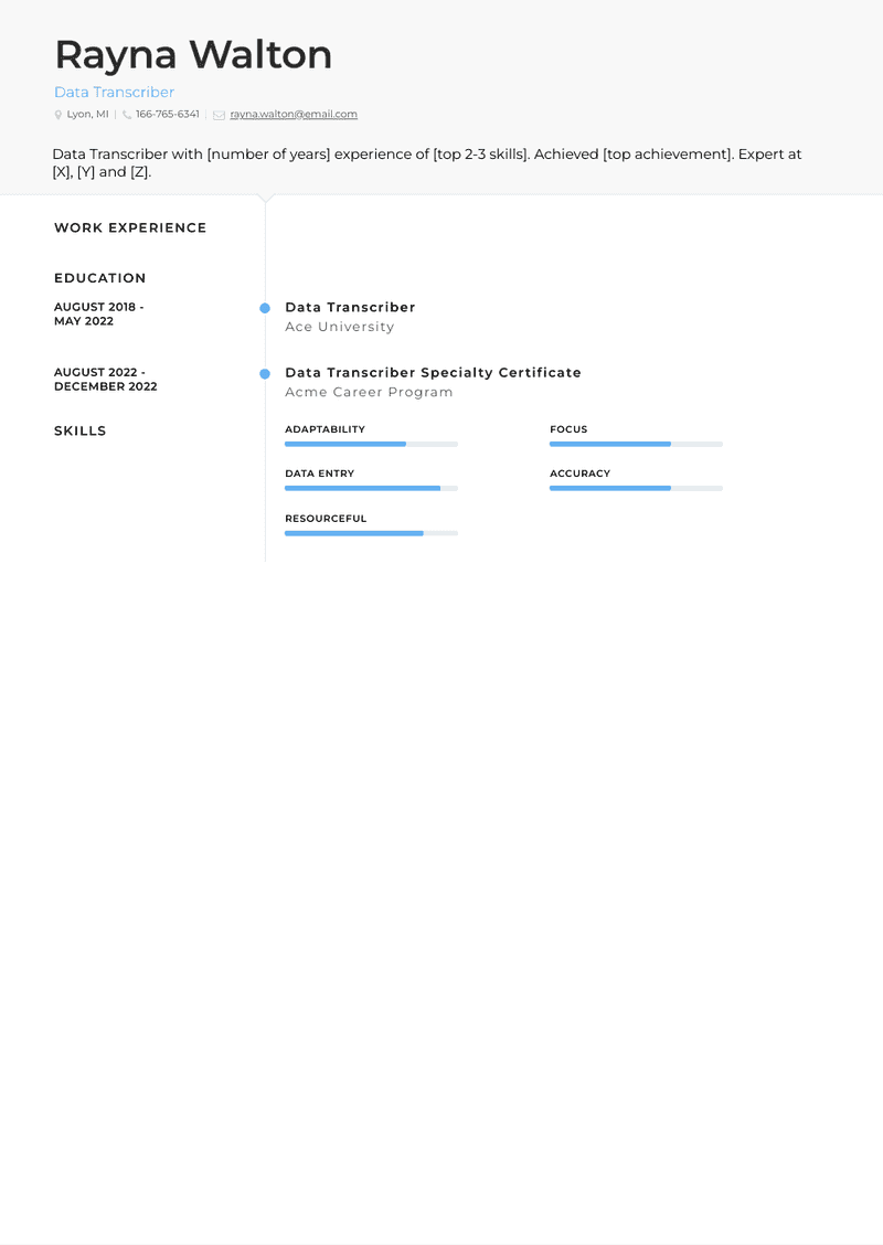 Data Transcriber Resume Sample and Template