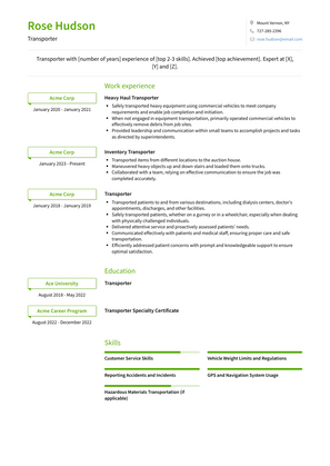 Transporter Resume Sample and Template