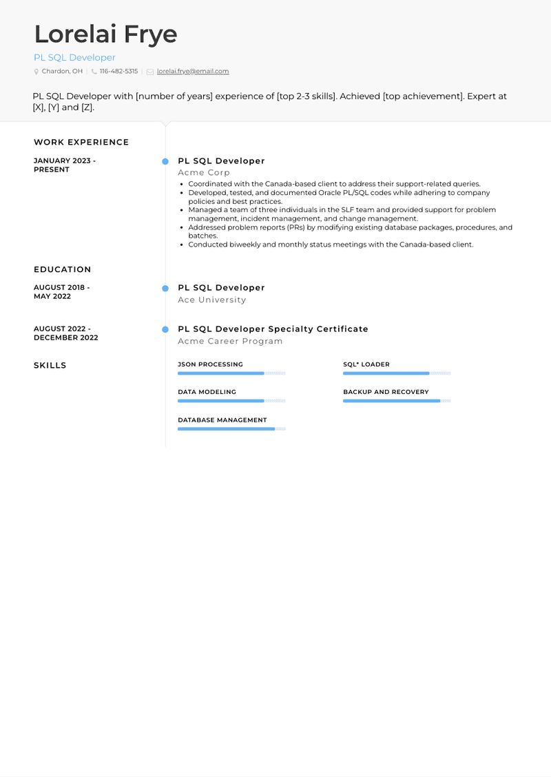 PL SQL Developer Resume Sample and Template