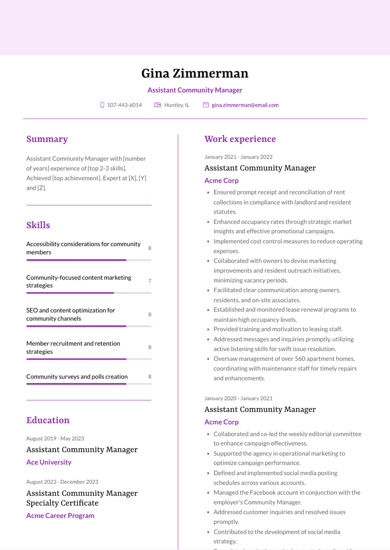 Assistant Community Manager Resume Sample and Template