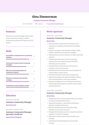 Assistant Community Manager Resume Sample and Template
