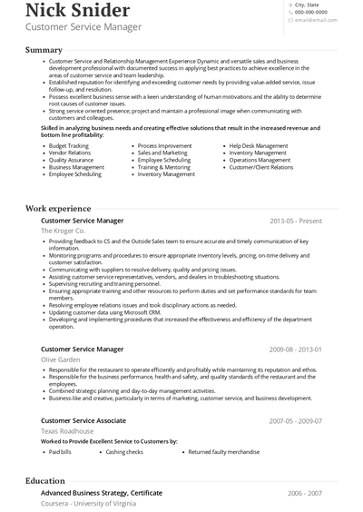 resume examples for service industry
