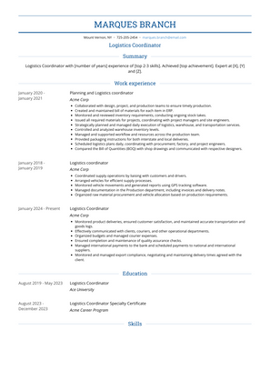 Logistics Coordinator Resume Sample and Template