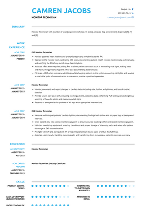 Monitor Technician Resume Sample and Template