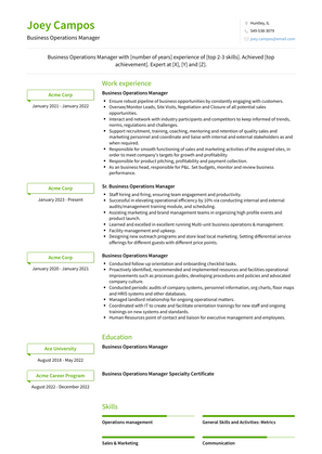 Business Operations Manager Resume Sample and Template