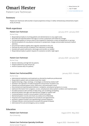 Patient Care Technician Resume Sample and Template