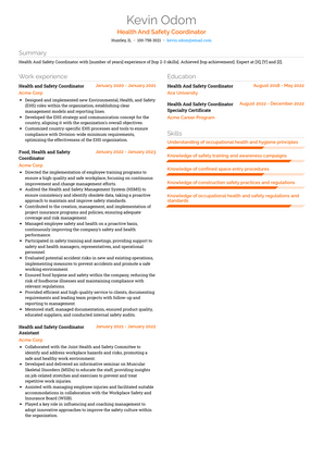 Health And Safety Coordinator Resume Sample and Template