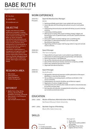 Export & New Business Manager Resume Sample and Template