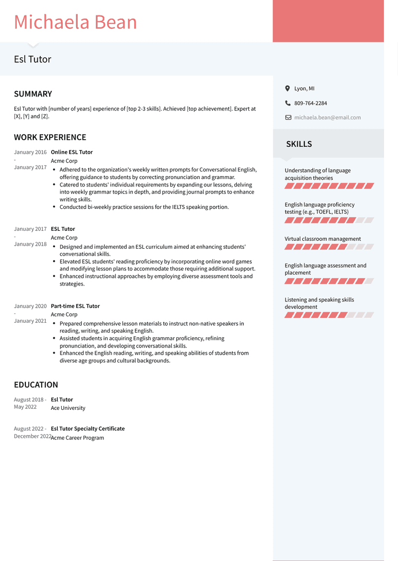 Esl Tutor Resume Sample and Template