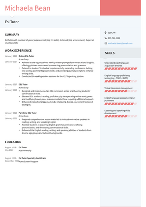 Esl Tutor Resume Sample and Template