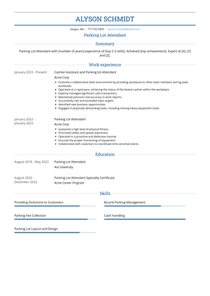 Parking Lot Attendant Resume Sample and Template