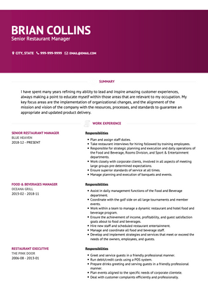 Restaurant Manager CV Example and Template