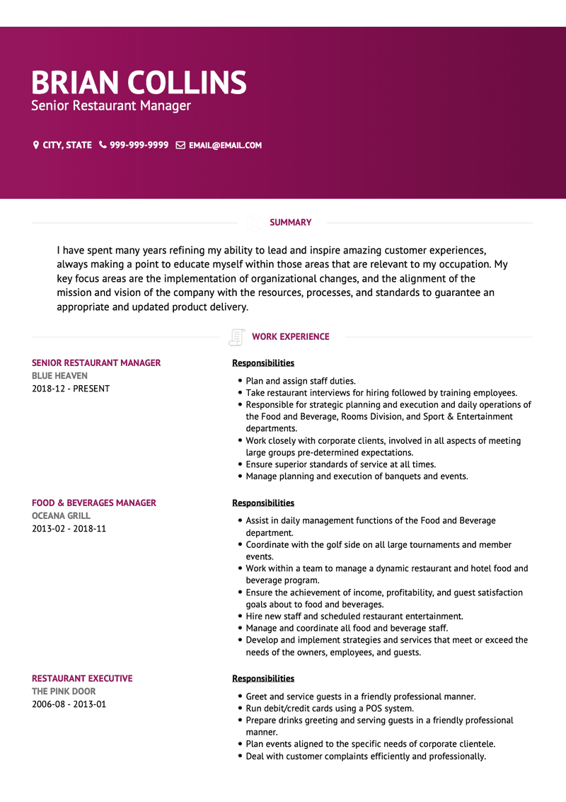 Restaurant Manager CV Example and Template