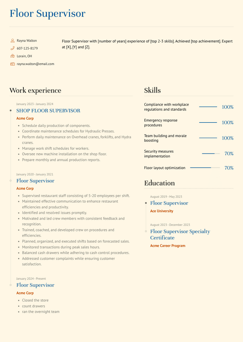 Floor Supervisor Resume Sample and Template