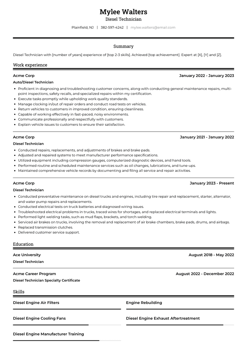 Diesel Technician Resume Sample and Template