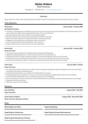 Diesel Technician Resume Sample and Template