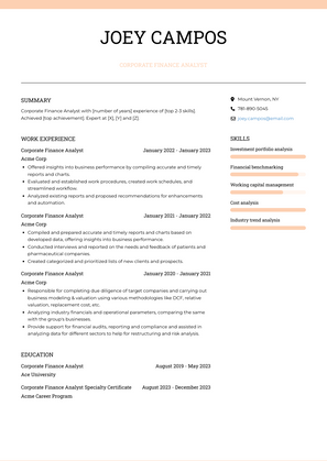 Corporate Finance Analyst Resume Sample and Template