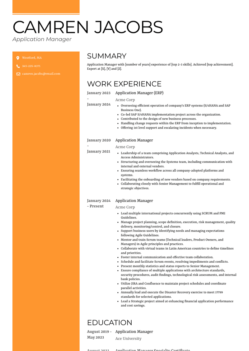 Application Manager Resume Sample and Template